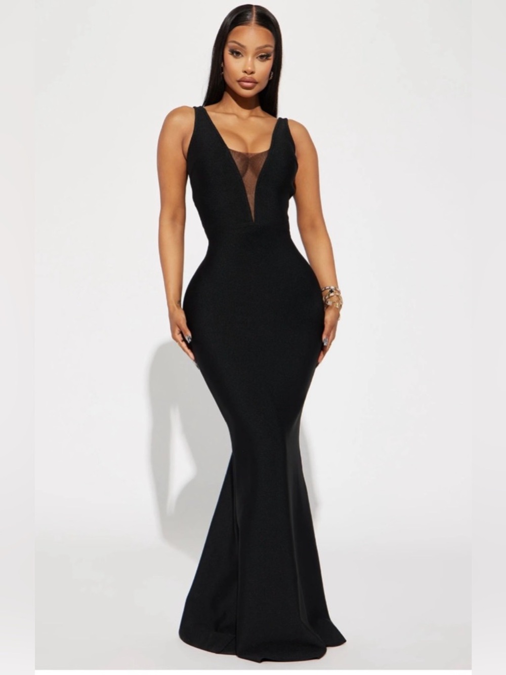 Black V-Neck Mesh Insert Mermaid Evening Dressnew